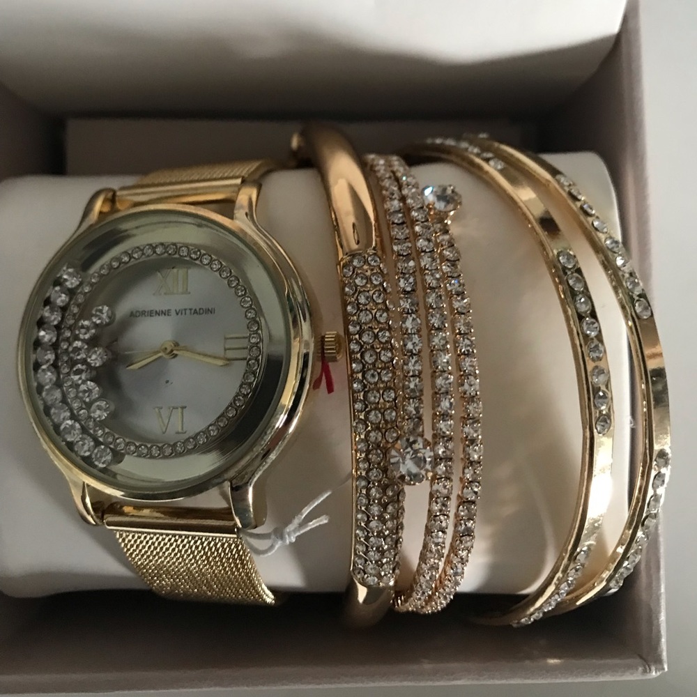 Adrienne Vittadini Gold Watch & Bracelet Set